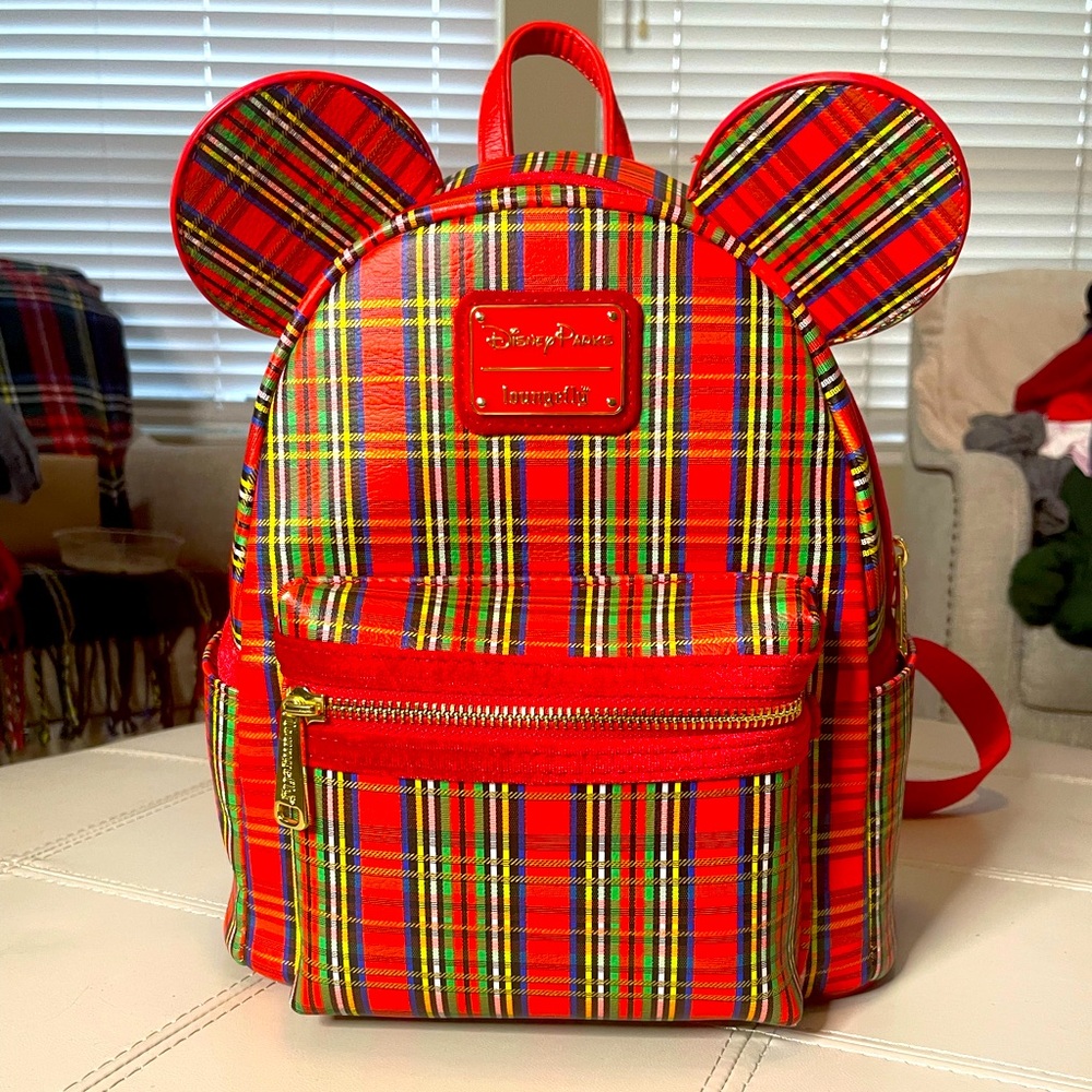 Disney Loungefly Red Plaid velvet trim Backpack in Mint Condition